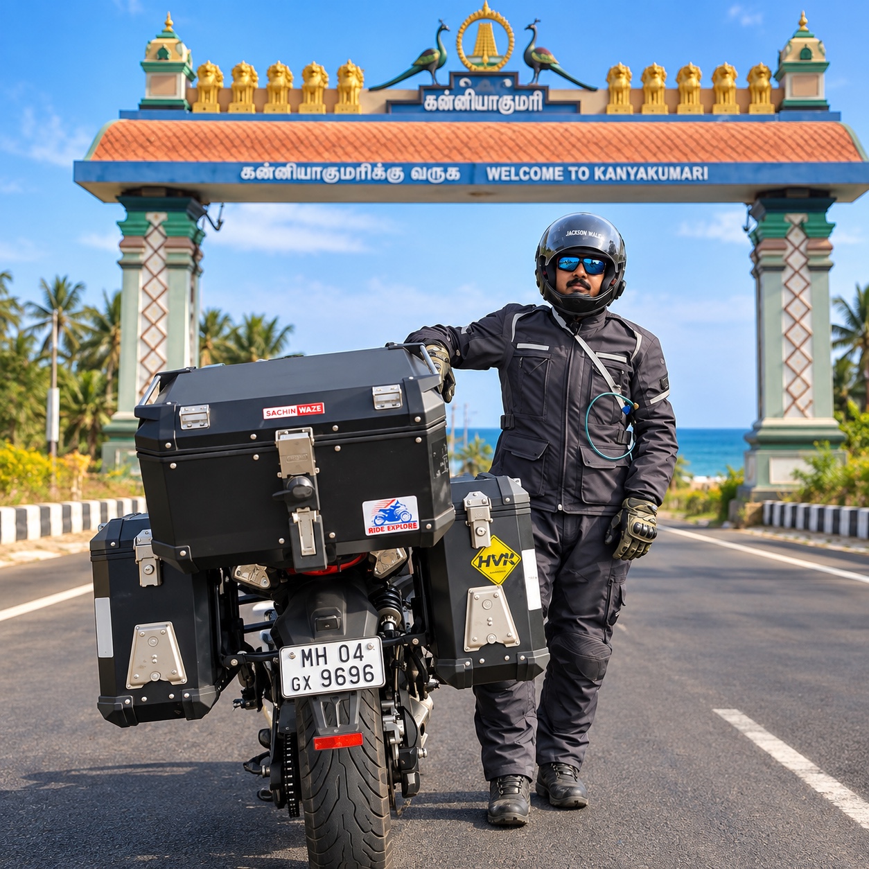 Sachin Waze with motorcycle at Kanyakumari