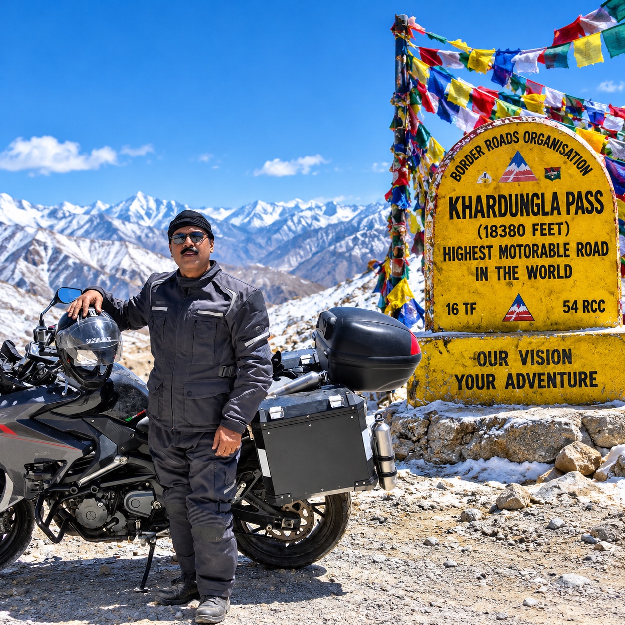 Sachin Waze with motorcycle at Khardung La